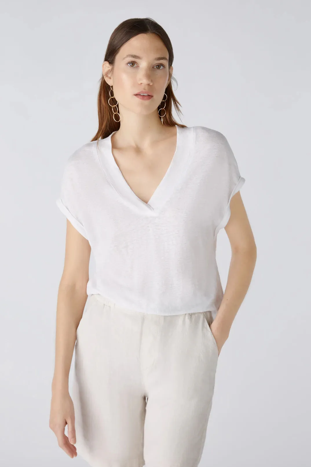 Oui V-Neck Linen Combo T-Shirt