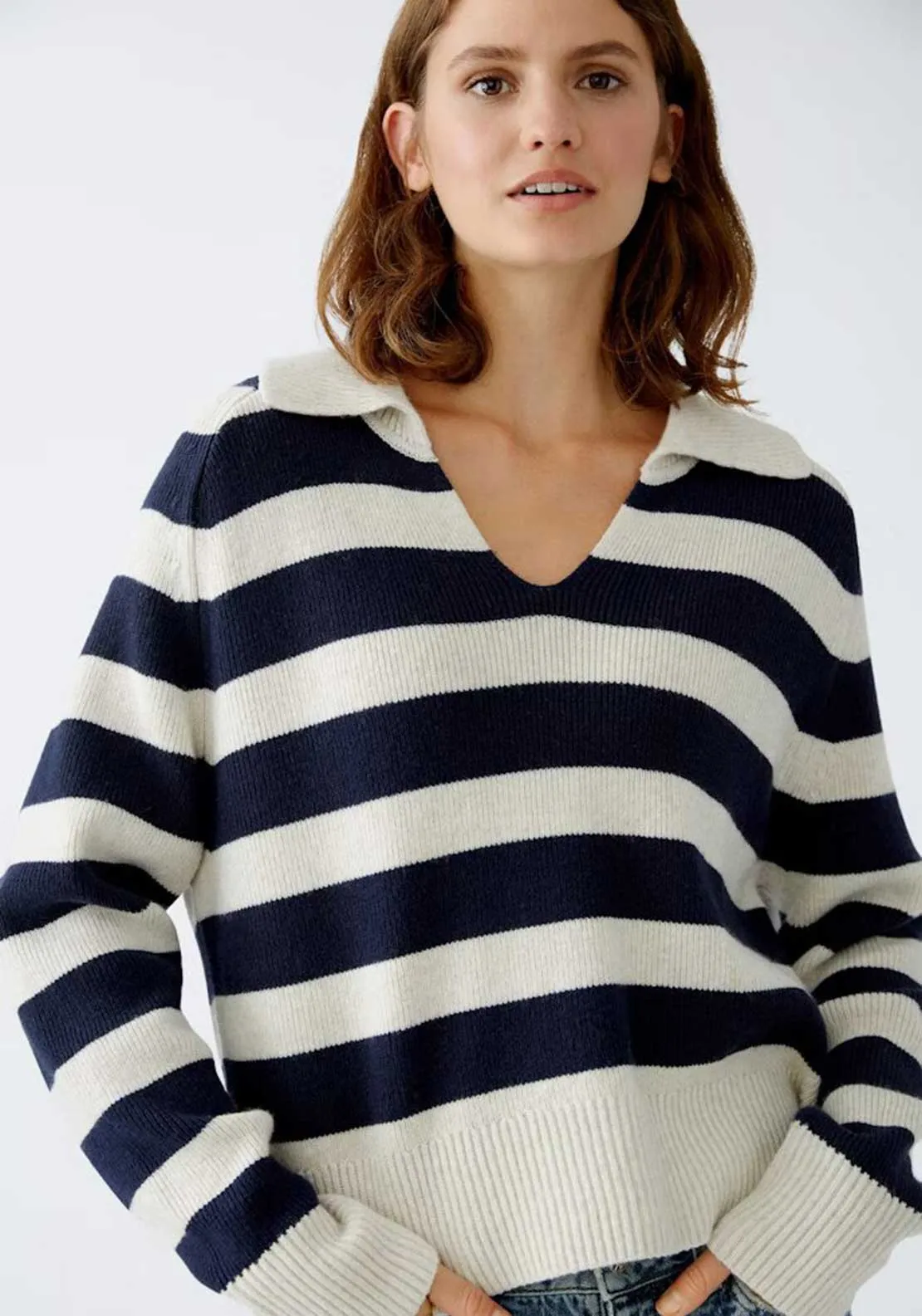 Oui Wool Blend V Neck Collar Jumper, Navy