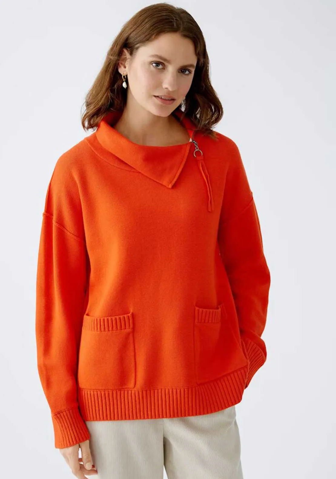 Oui Zip Neck Knit Jumper, Orange