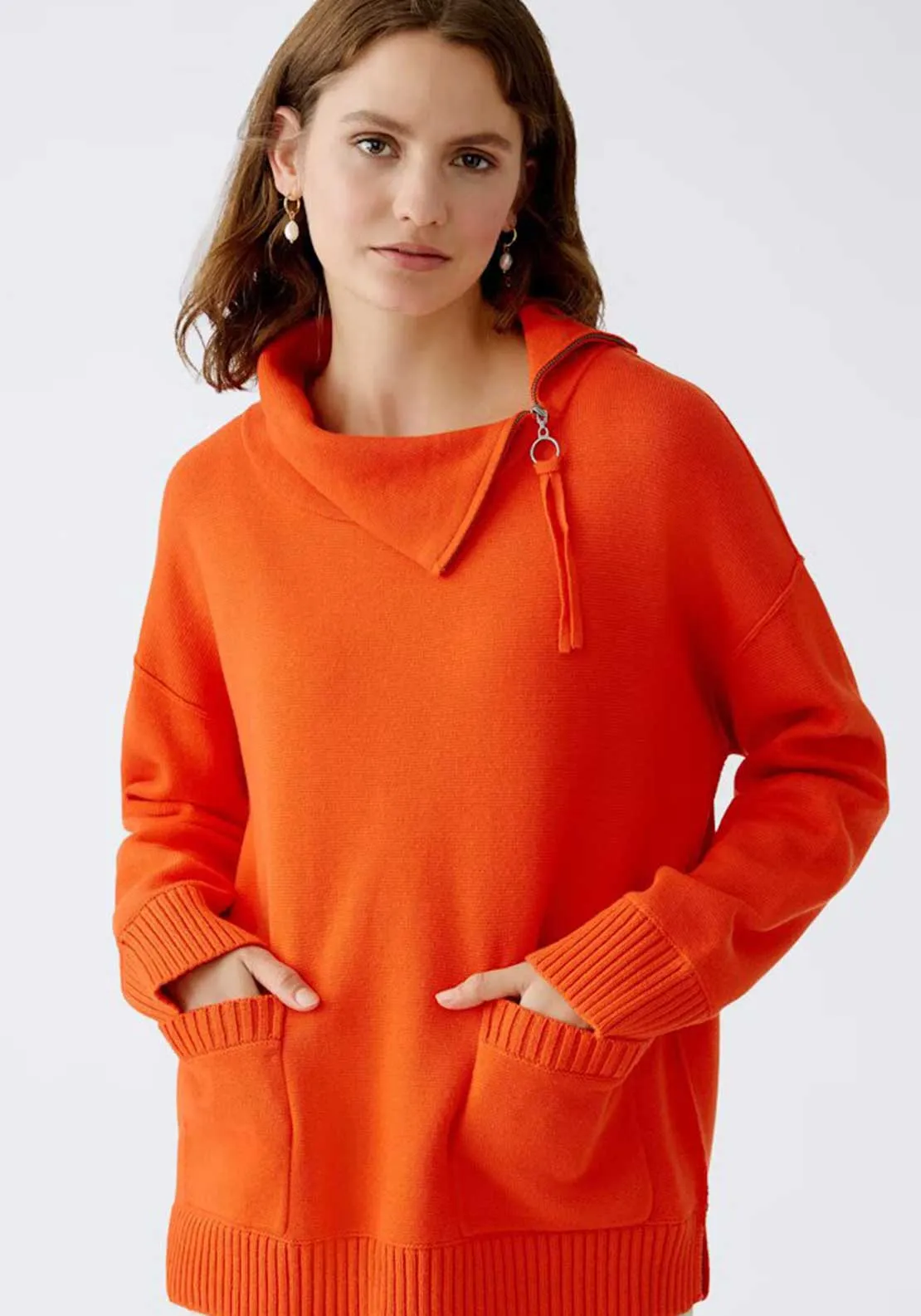 Oui Zip Neck Knit Jumper, Orange