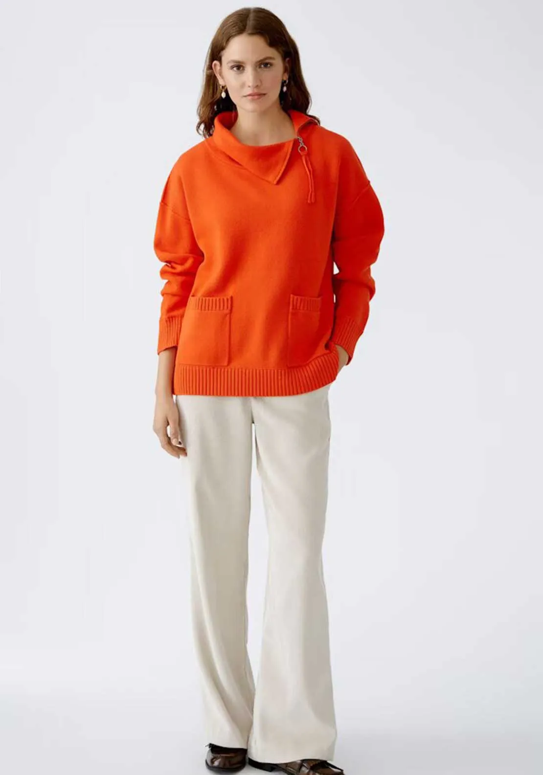 Oui Zip Neck Knit Jumper, Orange