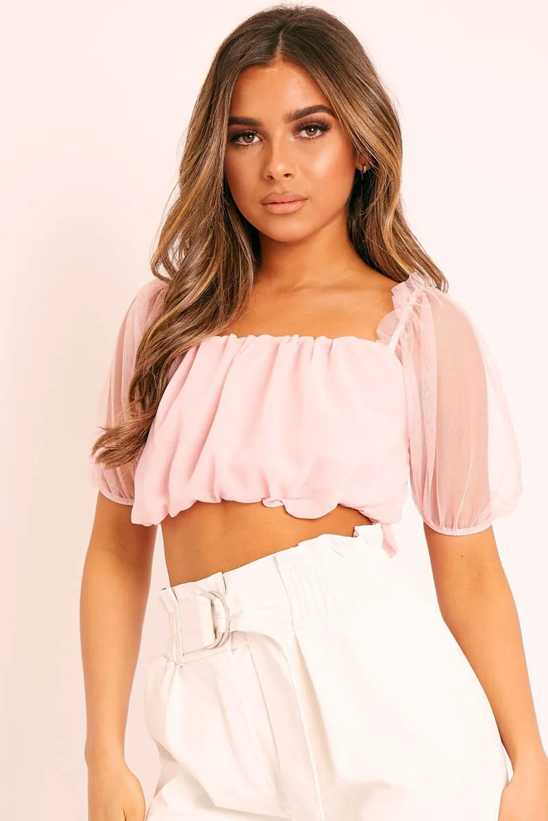 Pink Mesh Puffball Crop Top - Taja