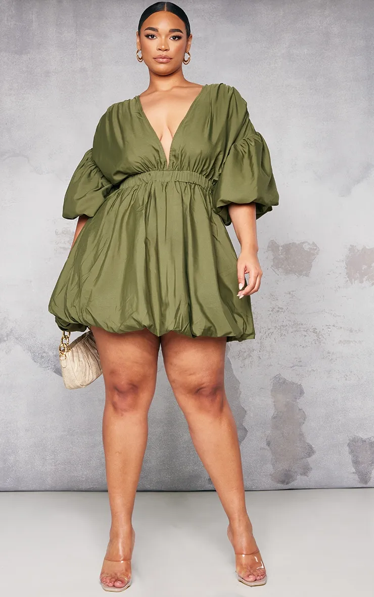 Plus Khaki Puff Sleeve Puffball Hem Dress