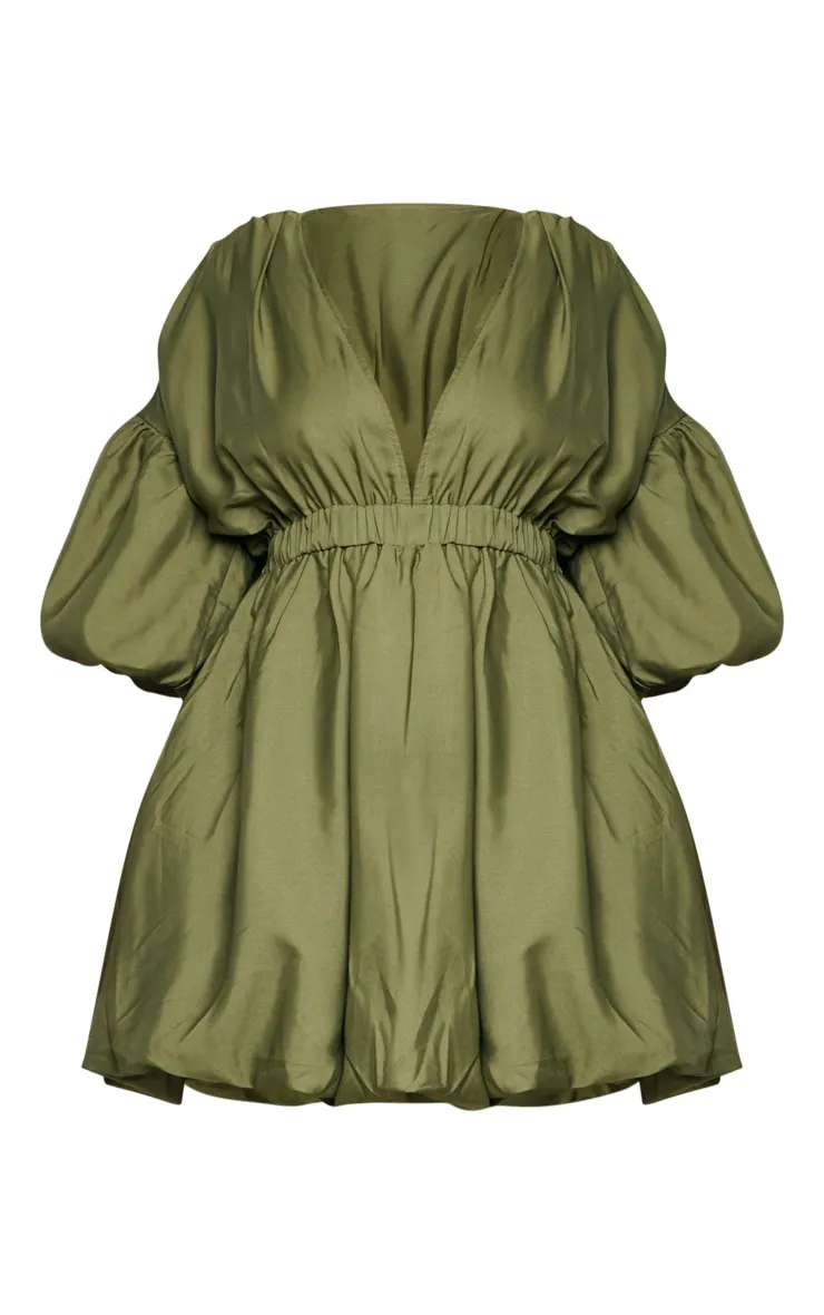 Plus Khaki Puff Sleeve Puffball Hem Dress