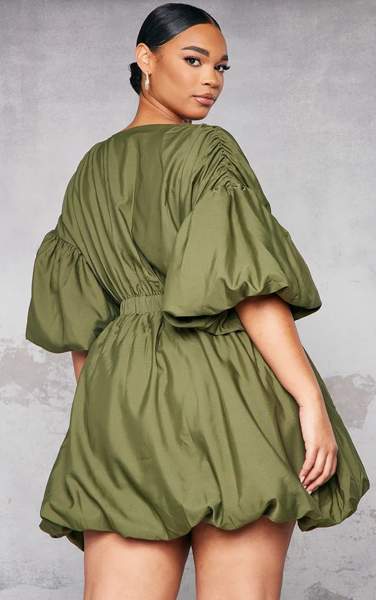 Plus Khaki Puff Sleeve Puffball Hem Dress