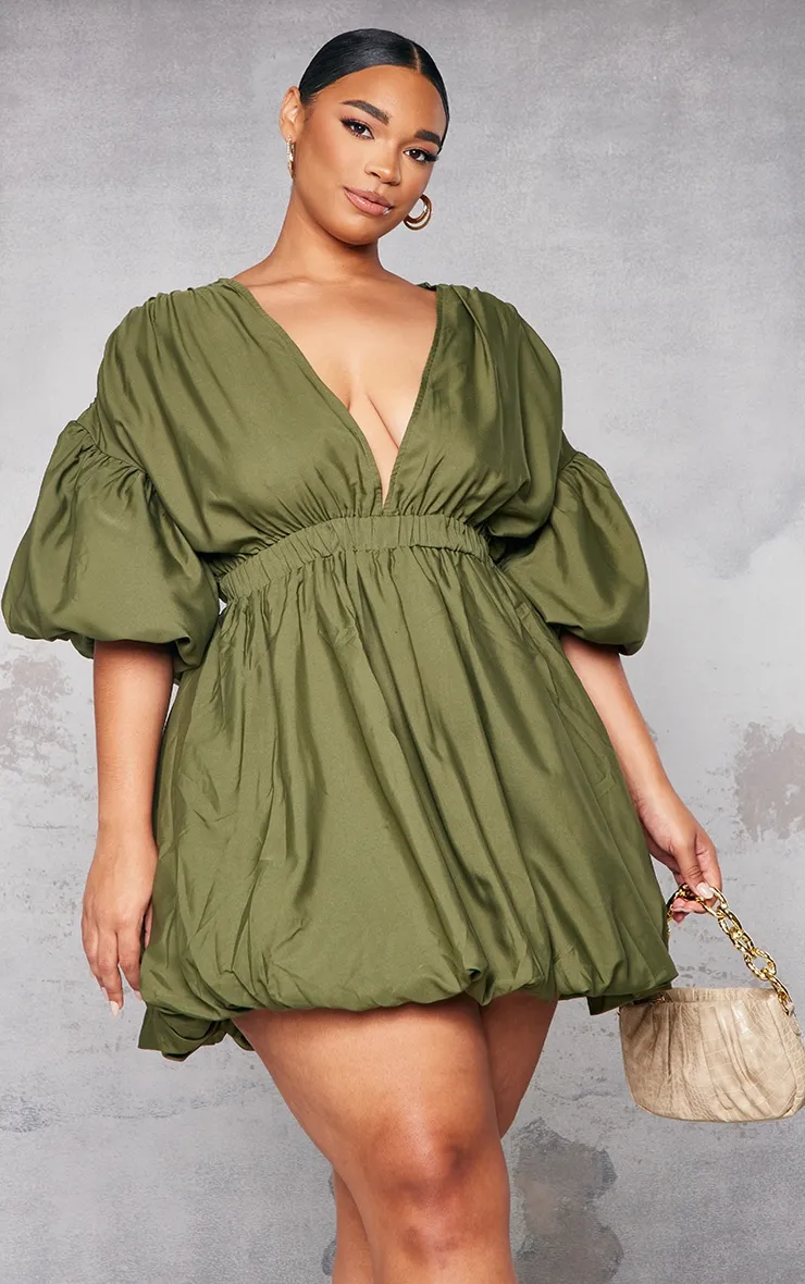 Plus Khaki Puff Sleeve Puffball Hem Dress