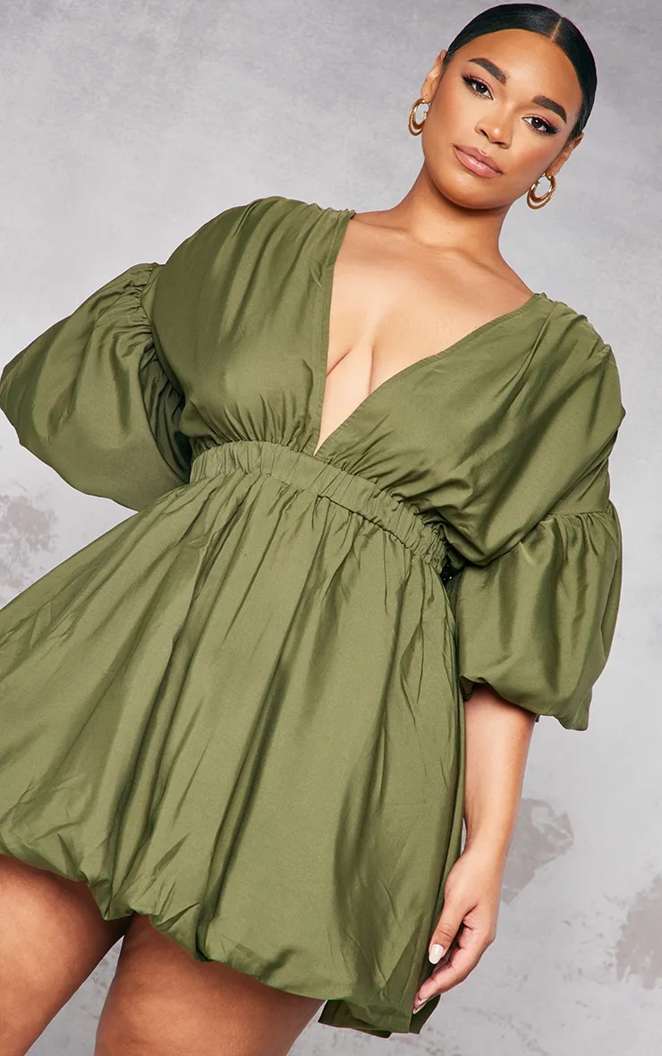 Plus Khaki Puff Sleeve Puffball Hem Dress