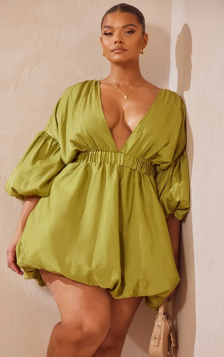 Plus Olive Puff Sleeve Puffball Hem Shift Dress