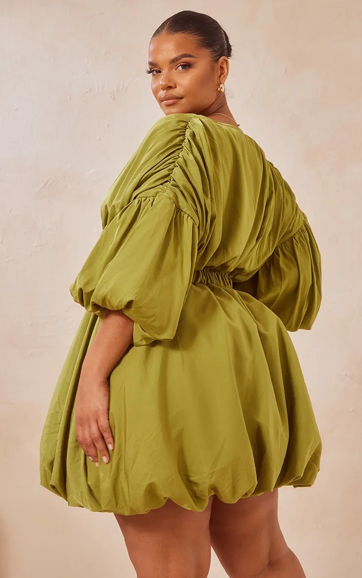 Plus Olive Puff Sleeve Puffball Hem Shift Dress