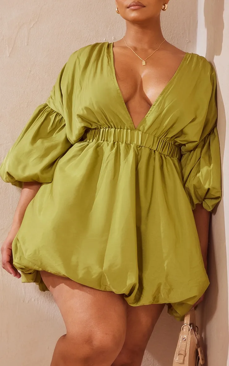 Plus Olive Puff Sleeve Puffball Hem Shift Dress