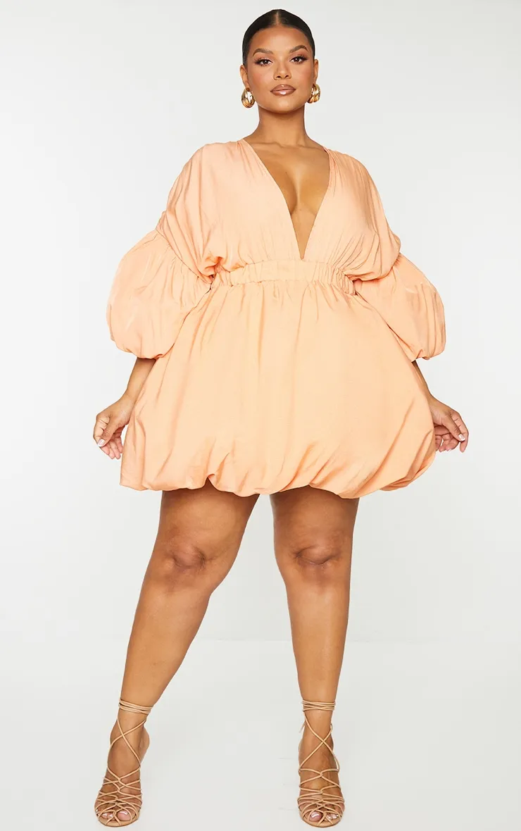 Plus Orange Puff Sleeve Puffball Hem Shift Dress