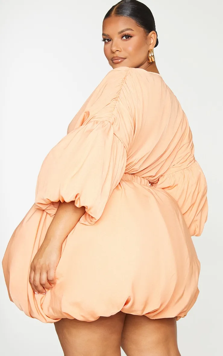 Plus Orange Puff Sleeve Puffball Hem Shift Dress