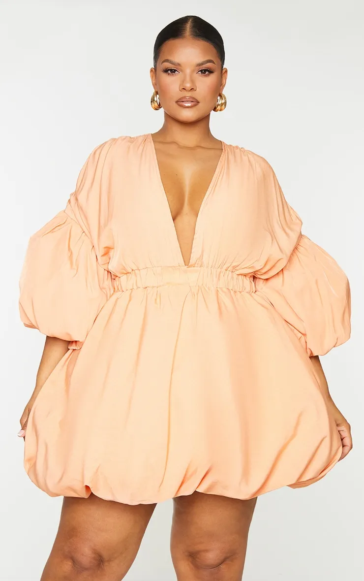 Plus Orange Puff Sleeve Puffball Hem Shift Dress