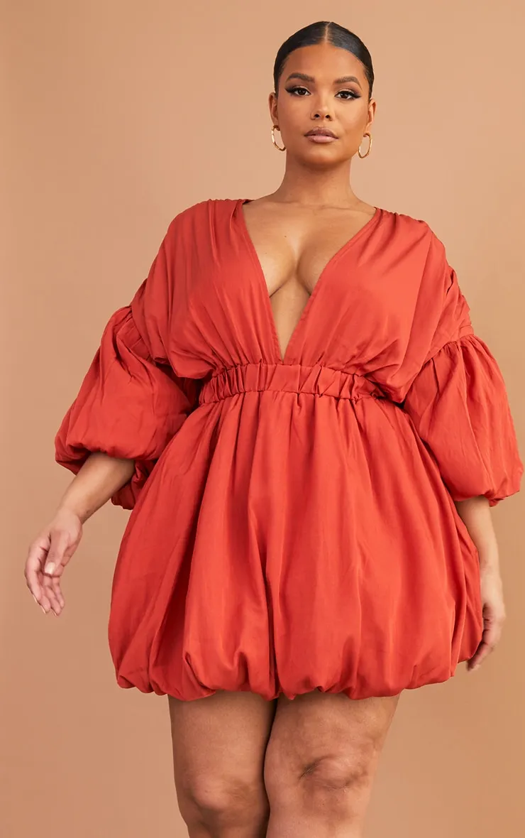 Plus Rust Puff Sleeve Puffball Hem Dress