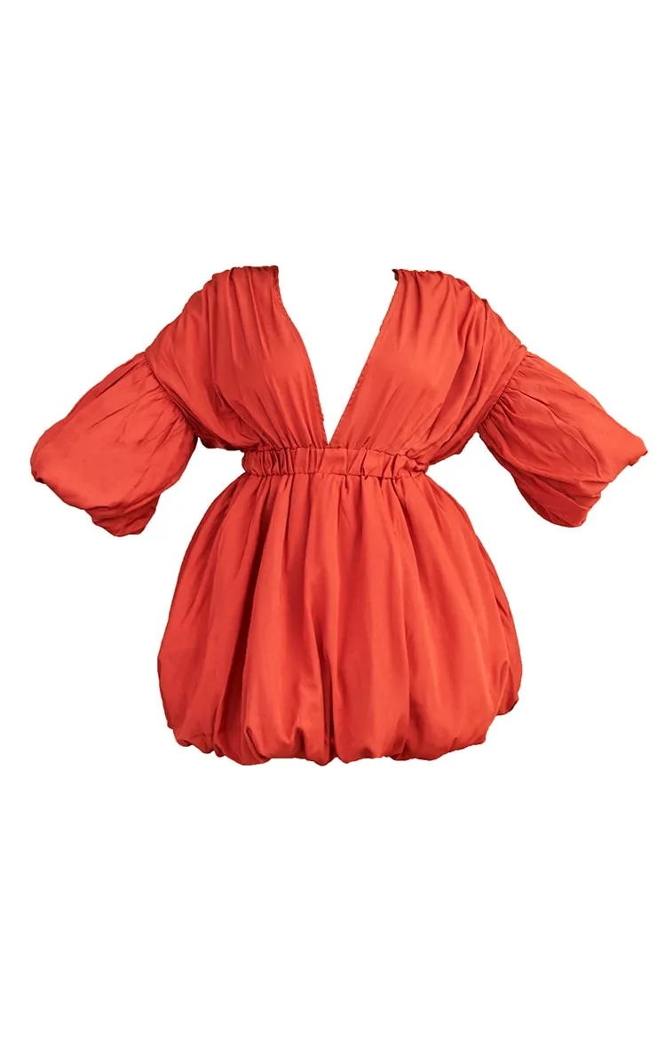 Plus Rust Puff Sleeve Puffball Hem Dress