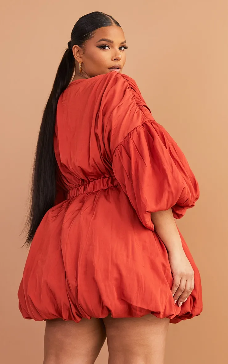 Plus Rust Puff Sleeve Puffball Hem Dress