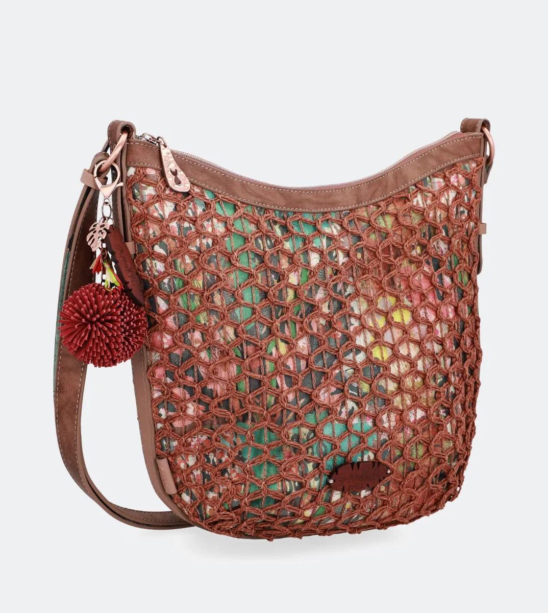 Printed raffia lined crossbody bag