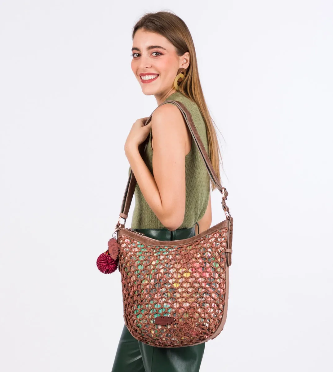 Printed raffia lined crossbody bag