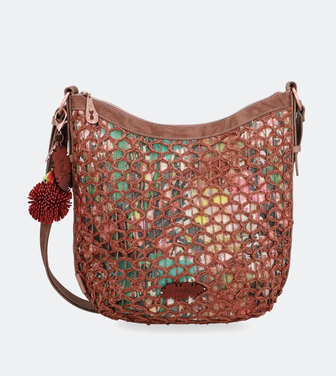 Printed raffia lined crossbody bag