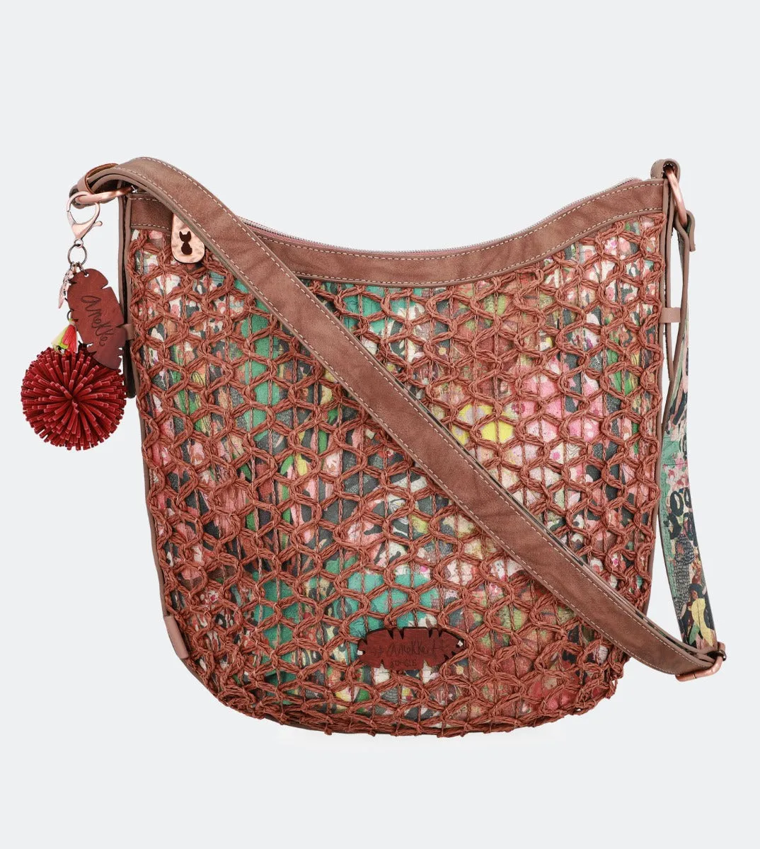 Printed raffia lined crossbody bag