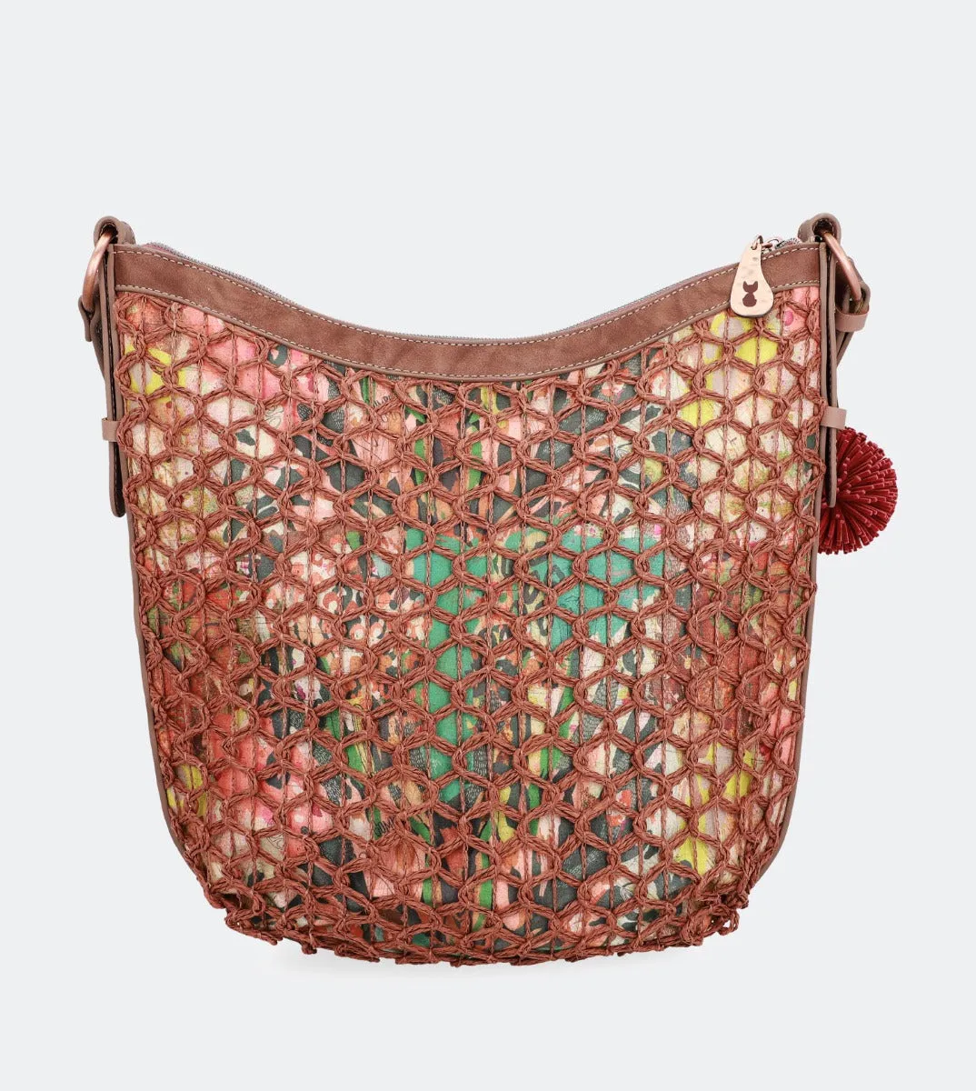 Printed raffia lined crossbody bag