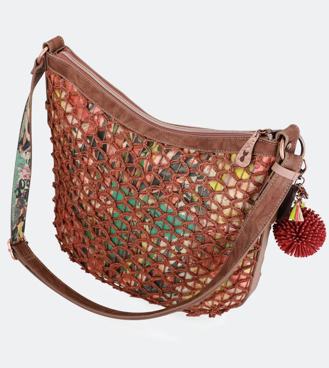 Printed raffia lined crossbody bag