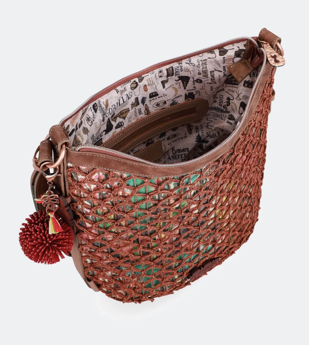 Printed raffia lined crossbody bag