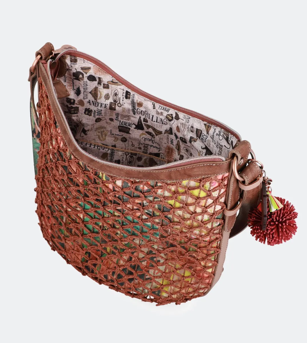 Printed raffia lined crossbody bag