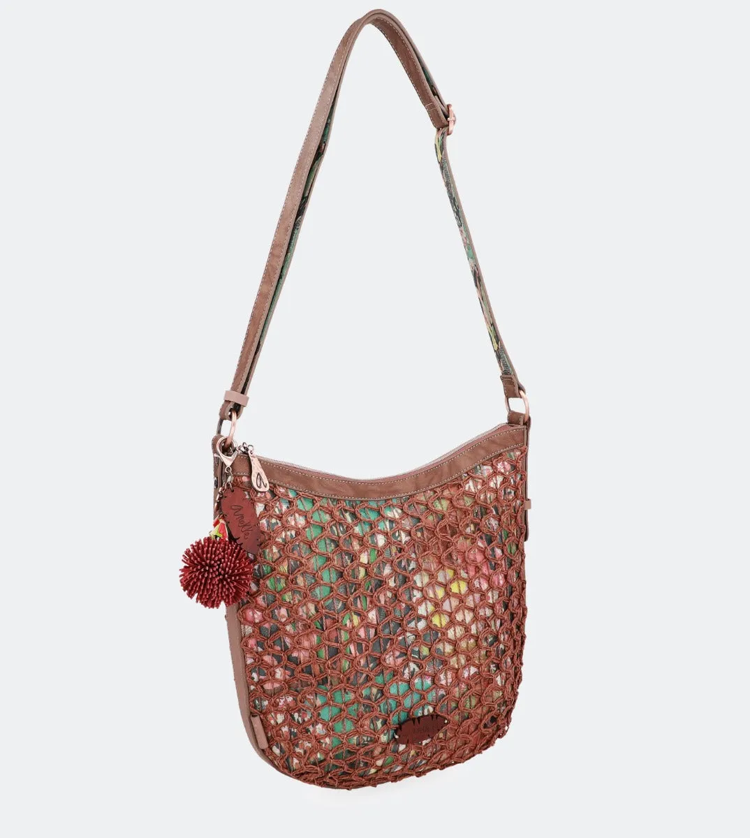 Printed raffia lined crossbody bag