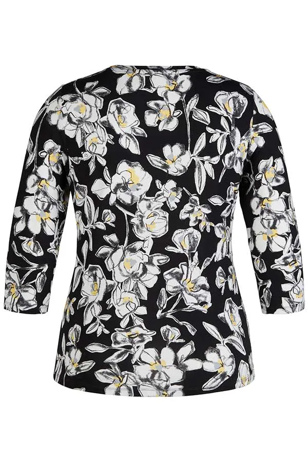 Rabe & LecomteBLACK FLORAL PRINT 3/4 SLEEVE T-SHIRT