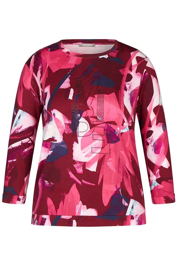 Rabe & LecomteBURGUNDY ABSTRACT FLORAL PRINT BEDAZZELED T-SHIRT