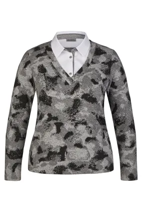 Rabe & LecomtePRINTED GREY FINE KNIT SHIRT COLLAR JUMPER