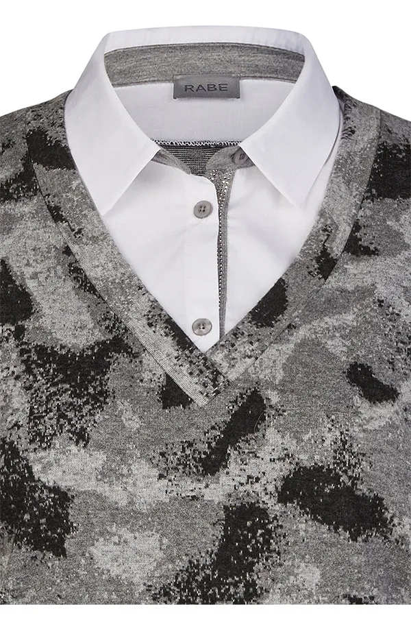 Rabe & LecomtePRINTED GREY FINE KNIT SHIRT COLLAR JUMPER