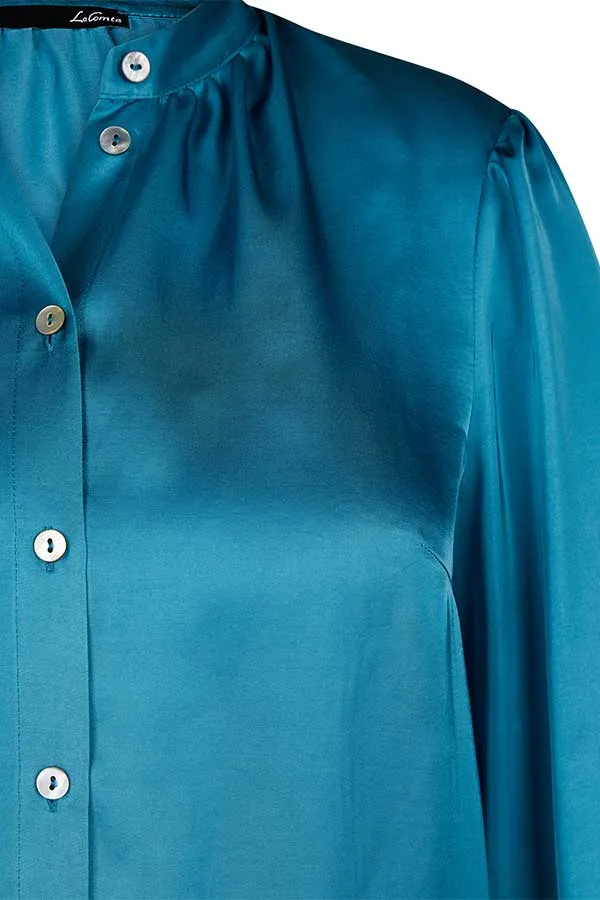 Rabe & LecomteTEAL SATIN LIKE COLLARLESS SHIRT