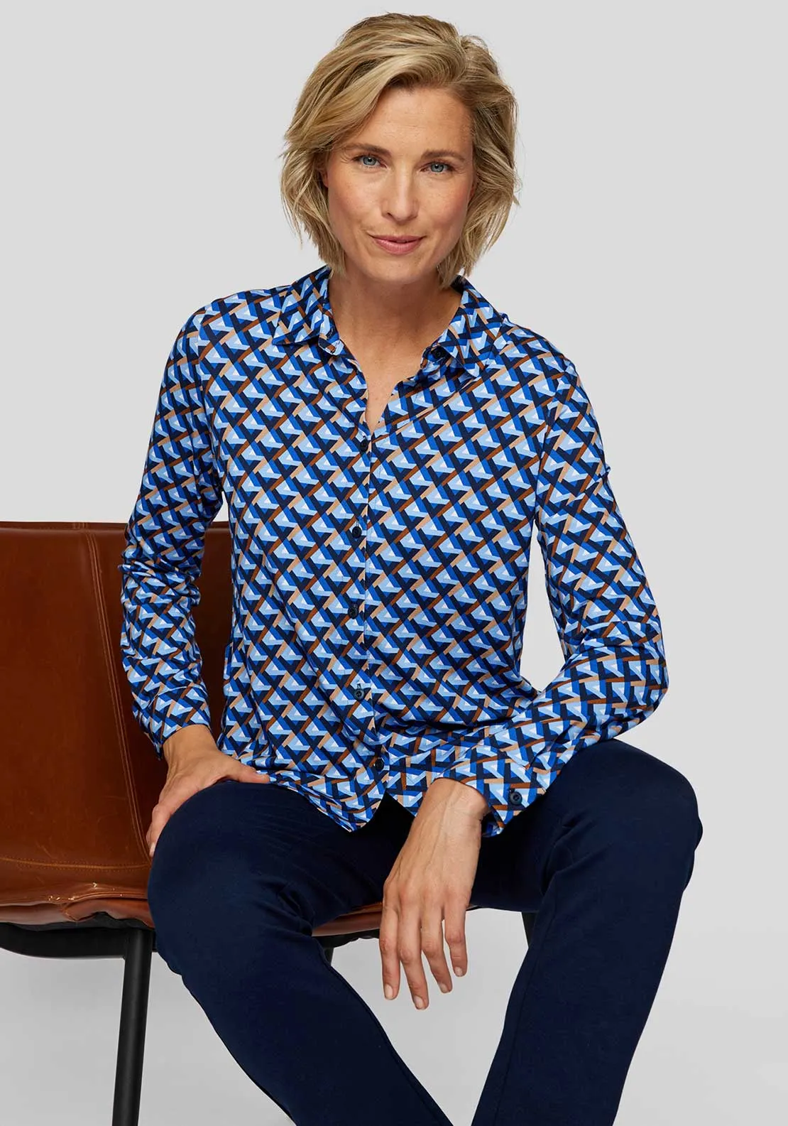 Rabe Geometric Print Button Up Blouse, Blue