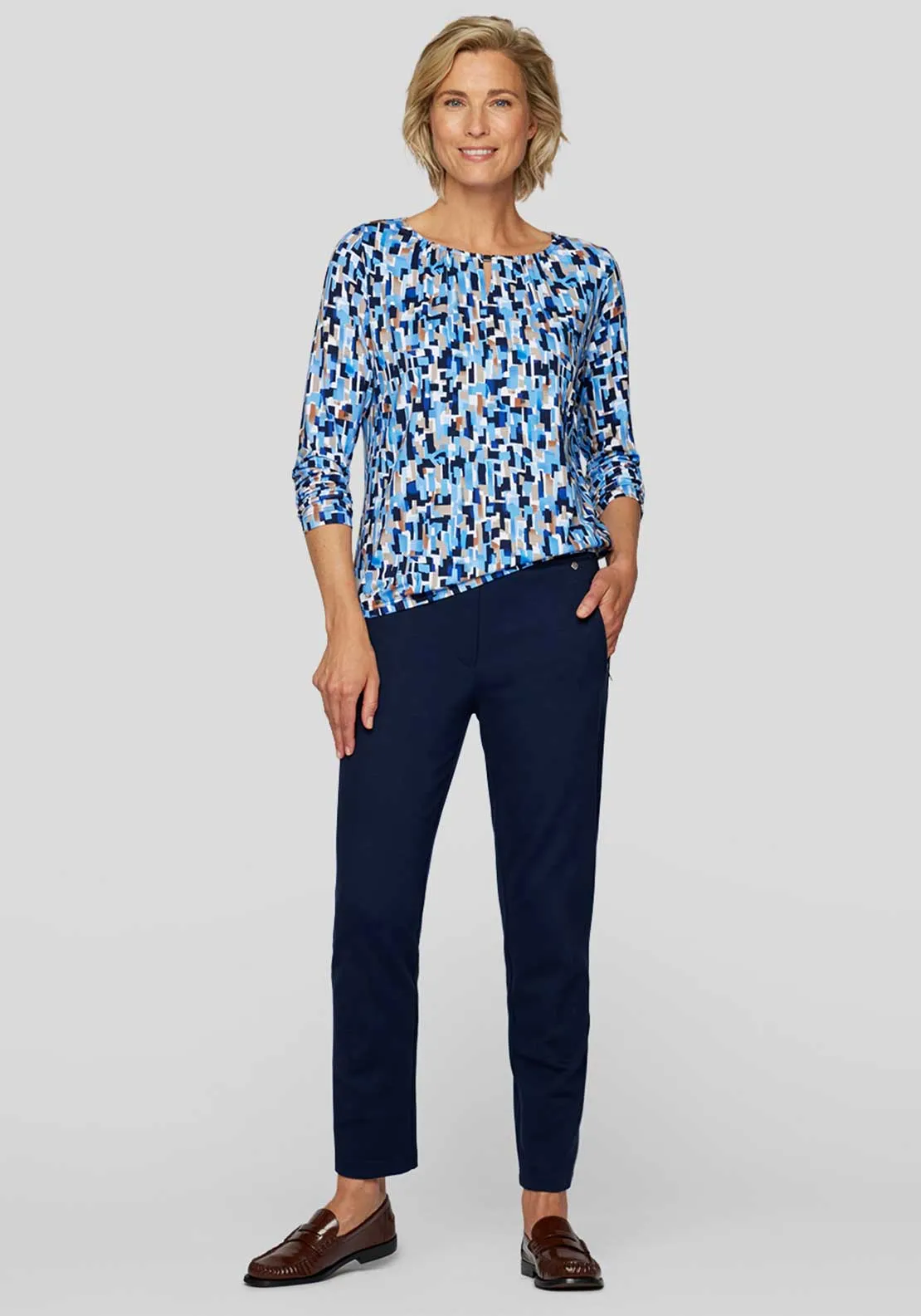 Rabe Geometric Print Wide Neck Top, Blue