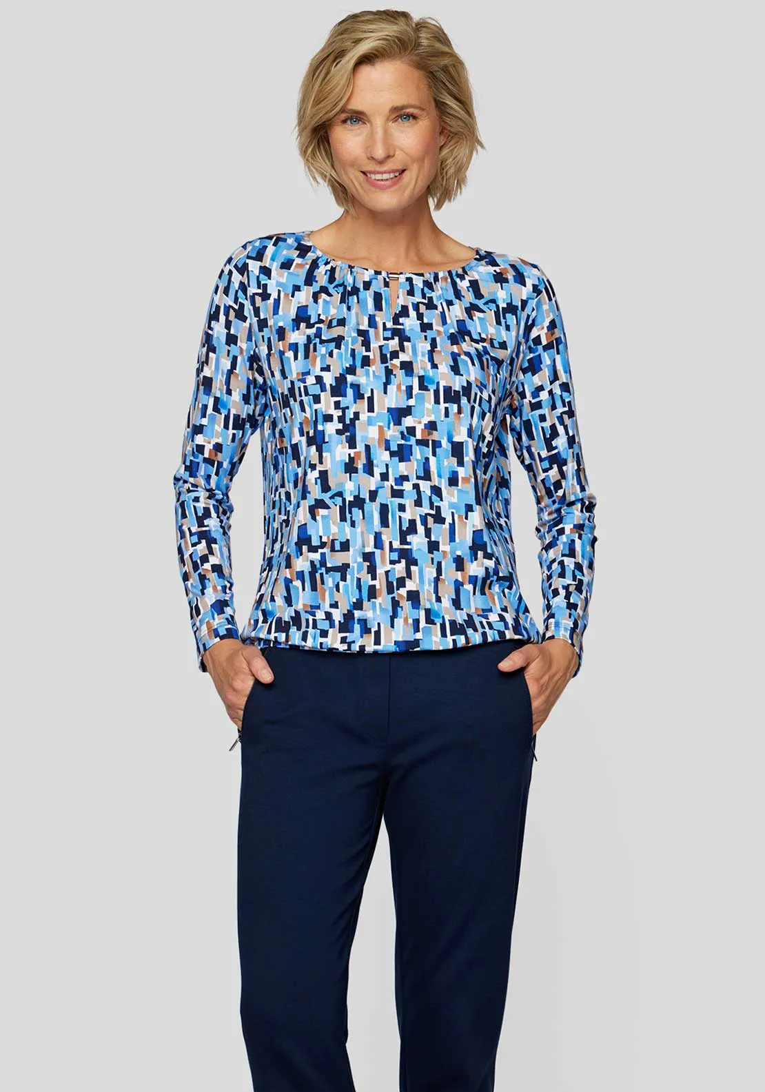 Rabe Geometric Print Wide Neck Top, Blue