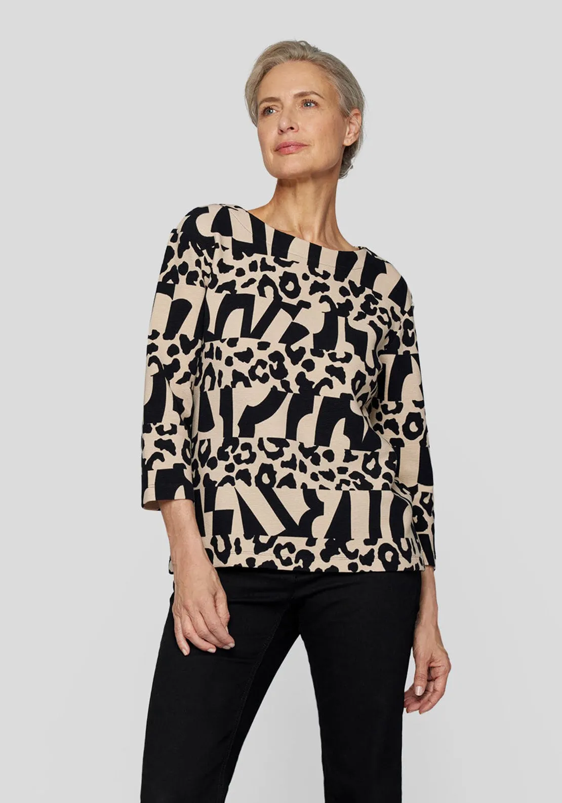 Rabe Leopard Ribbed Cropped Sleeve Top, Beige