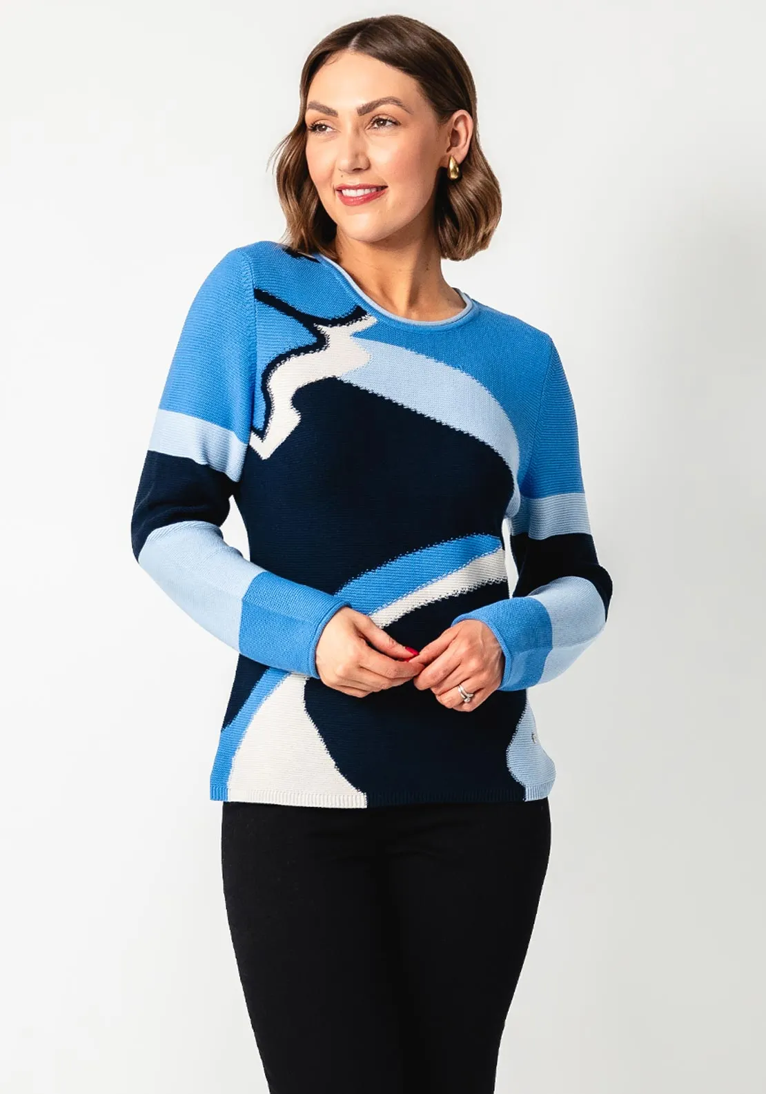 Rabe Printed Round Neck Jumper, Blue