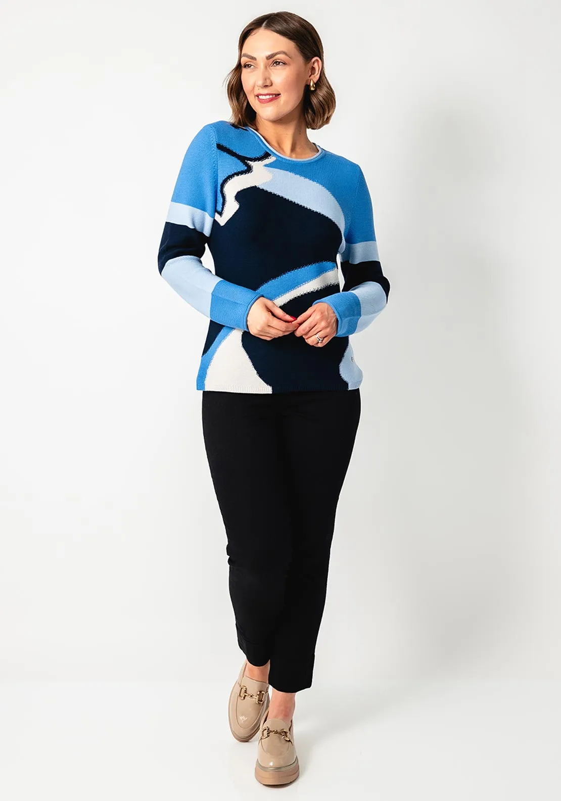 Rabe Printed Round Neck Jumper, Blue