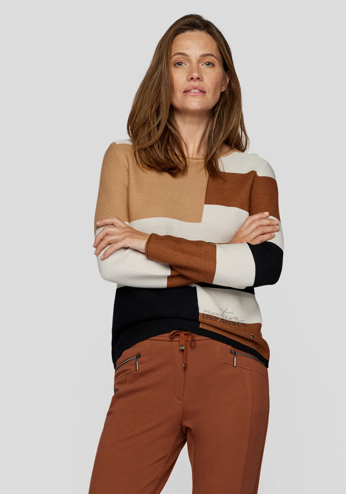 Rabe Striped Colour Block Knit Jumper, Brown