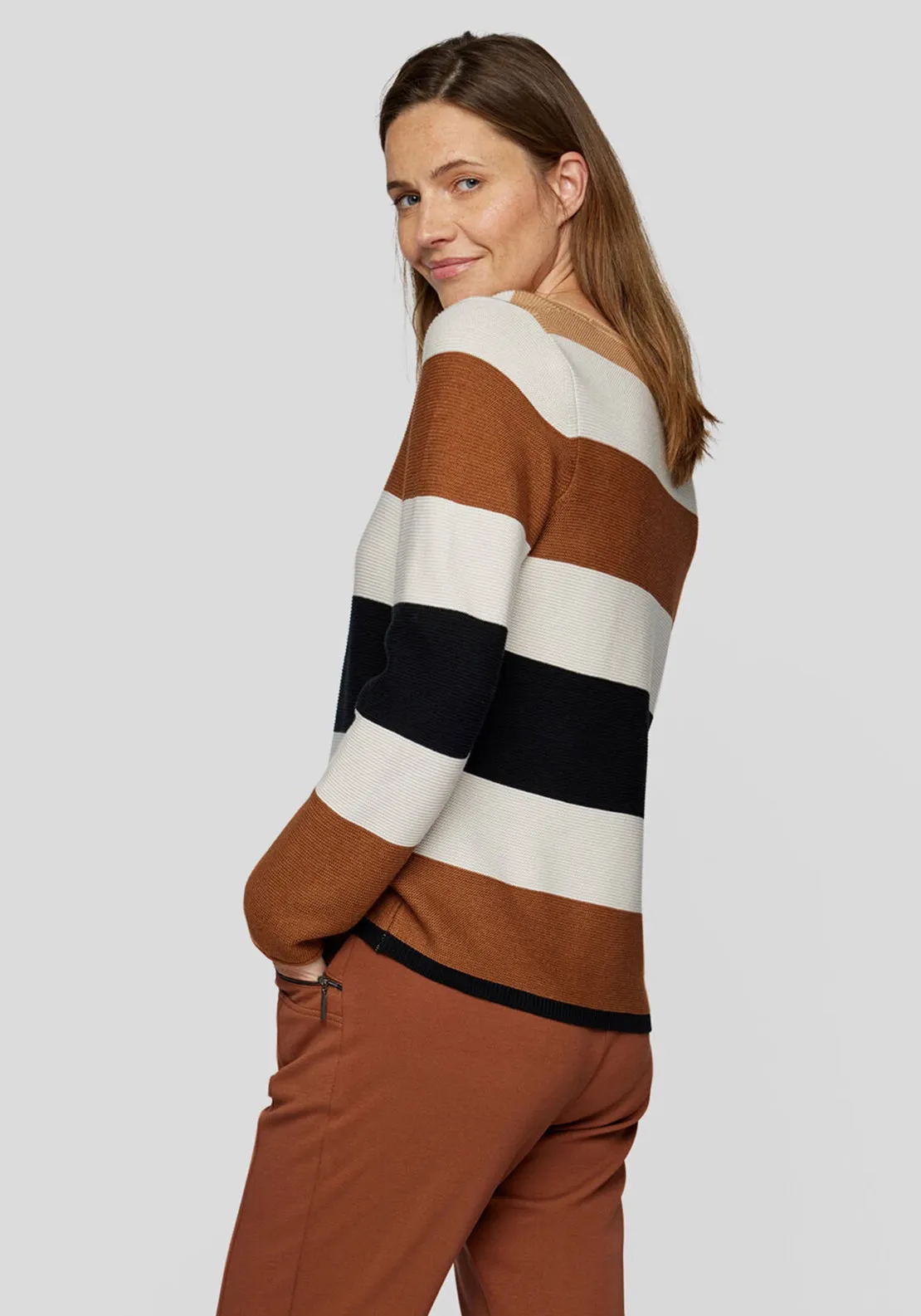 Rabe Striped Colour Block Knit Jumper, Brown