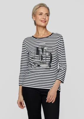 Rabe Striped Graphic Print Cropped Sleeve Top, Black