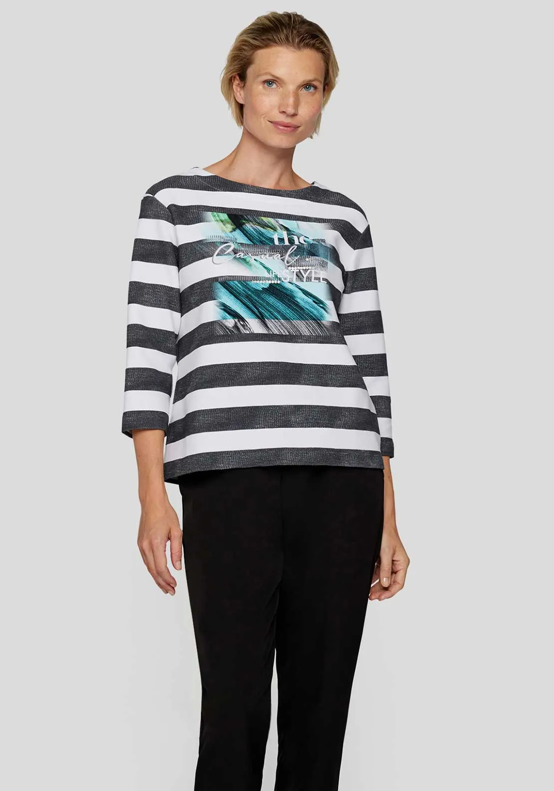 Rabe Striped Graphic Print Cropped Sleeve Top, Dark Grey