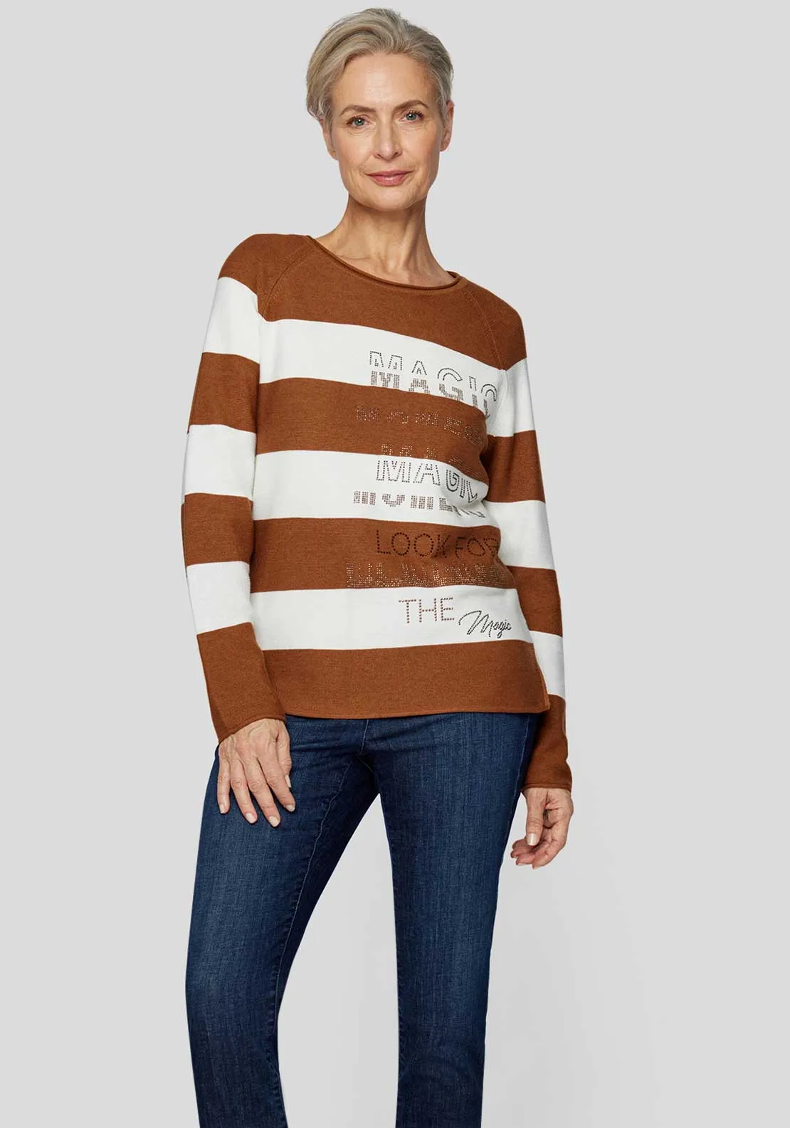 Rabe Striped Rhinestone Knit Jumper, Brown