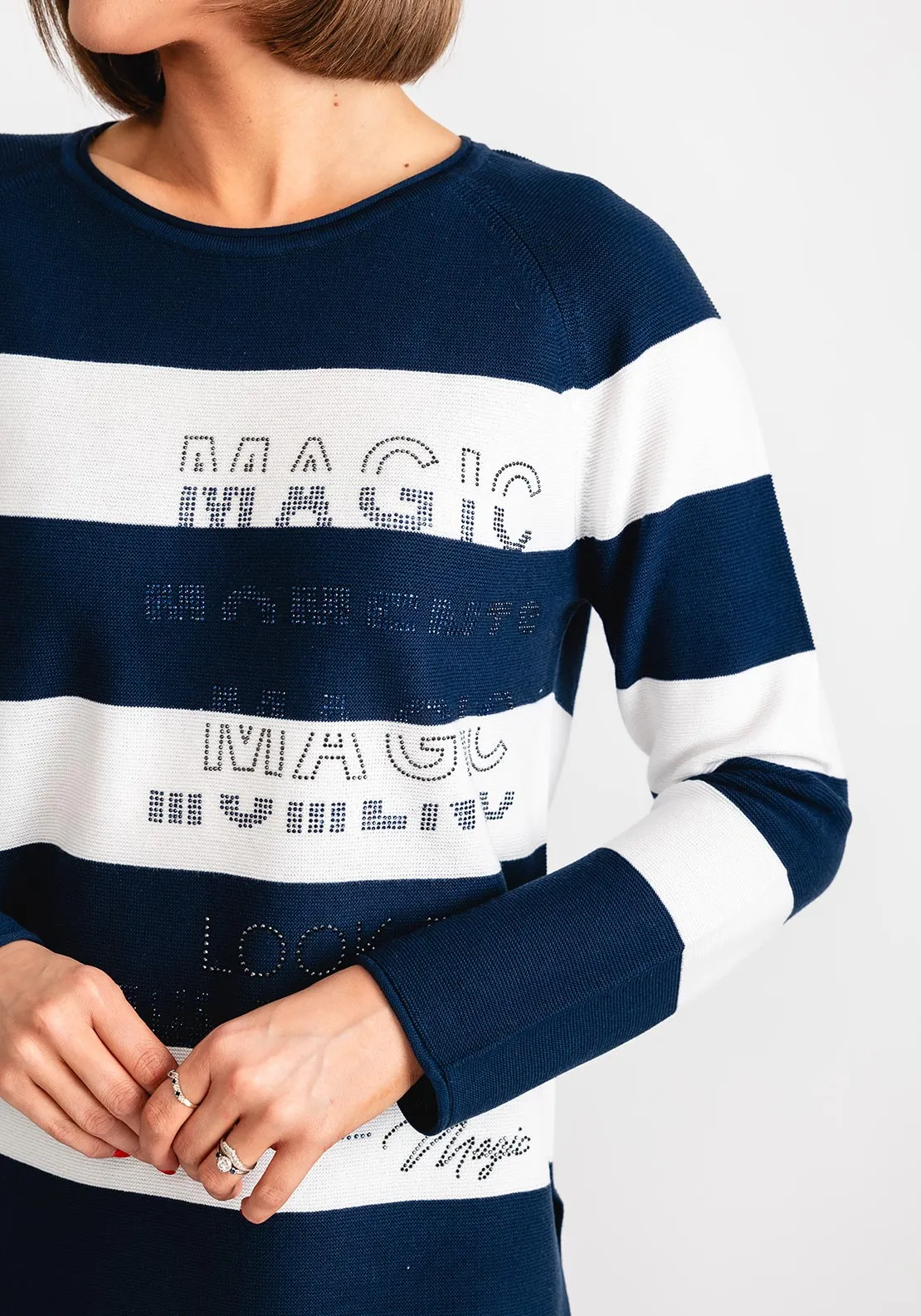 Rabe Striped Rhinestone Knit Jumper, Navy