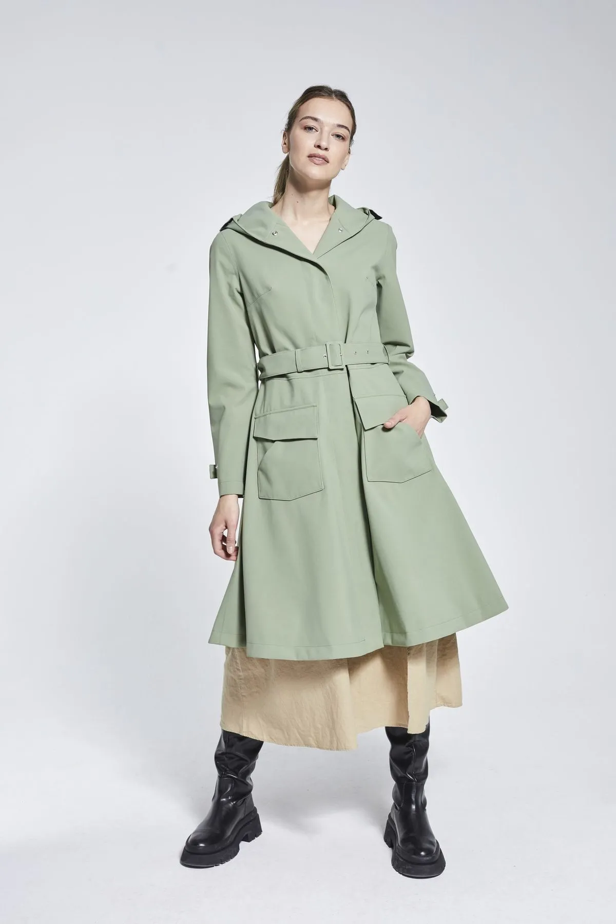 Recycled Materials Flare Raincoat - Olive