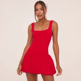 Scoop Neck Puffball Mini Dress In Red