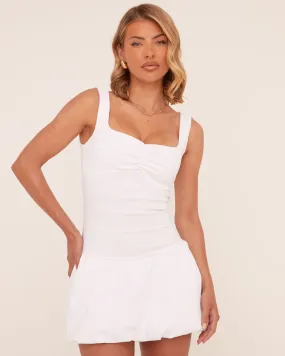 Square Neck Ruched Front Puffball Mini Dress In White