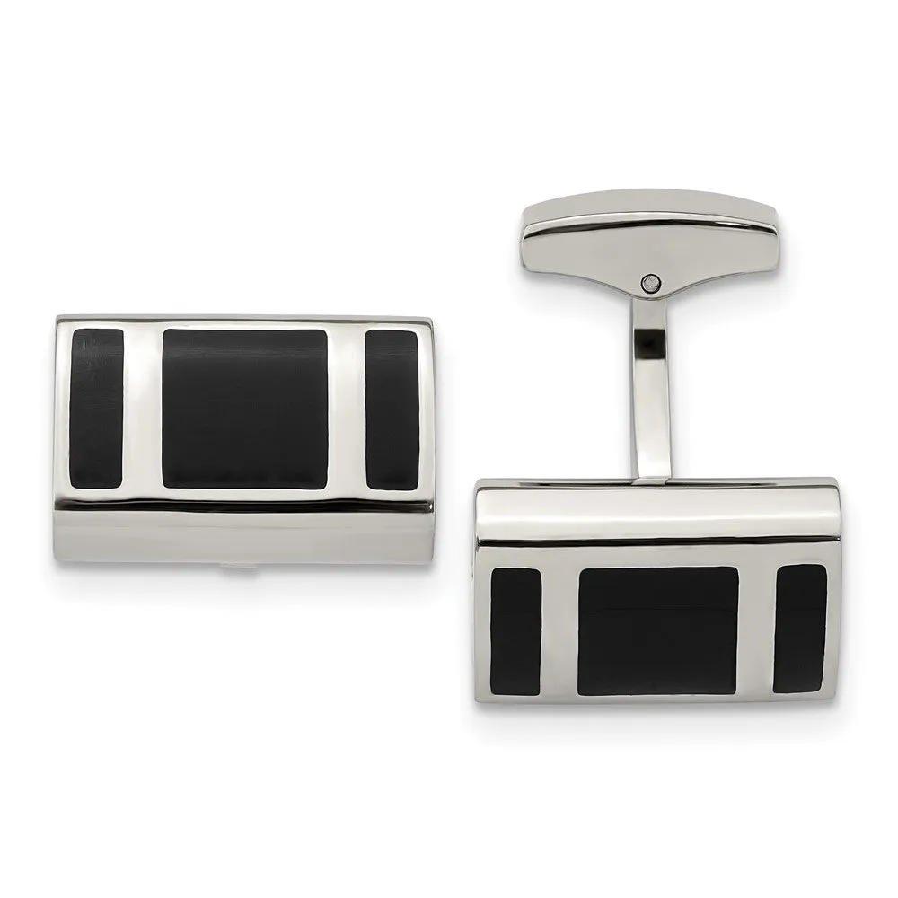 Stainless Steel & Black Rubber Rectangle Cuff Links, 18 x 9mm